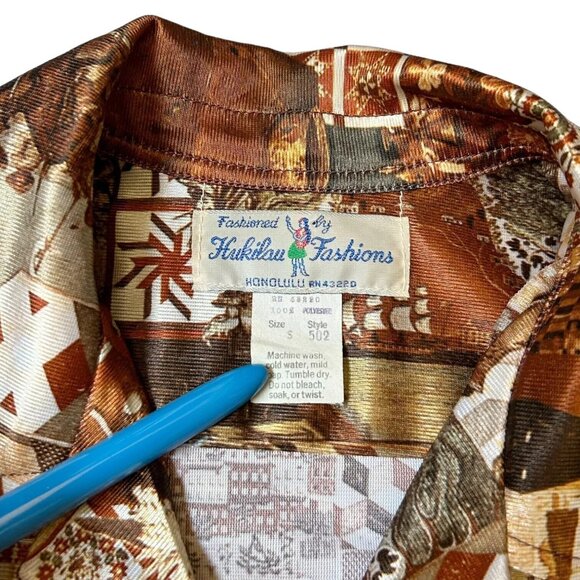 70s Vintage Novelty Print Button Up Shirt American History Folk Art Collage. - Picture 10 of 12